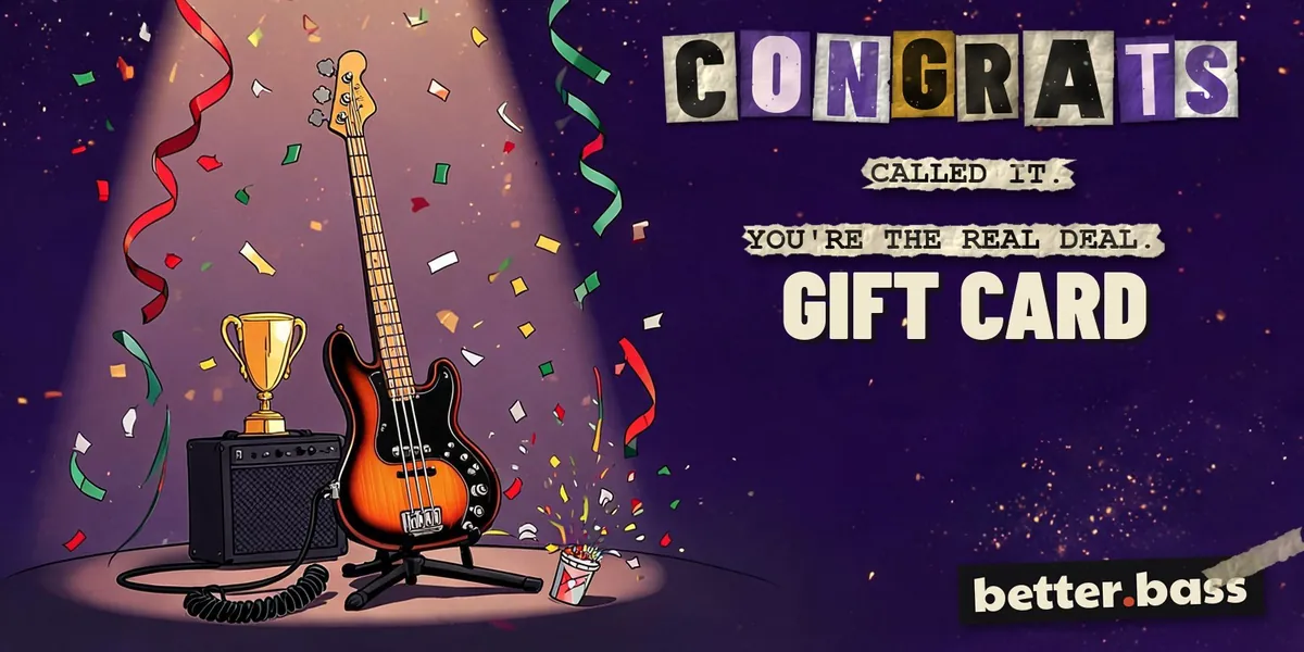 Better Bass Lessons Congrats gift card: a cartoon electric bass in a spotlight with a trophy and an amp, with Congrats in cut-out letters