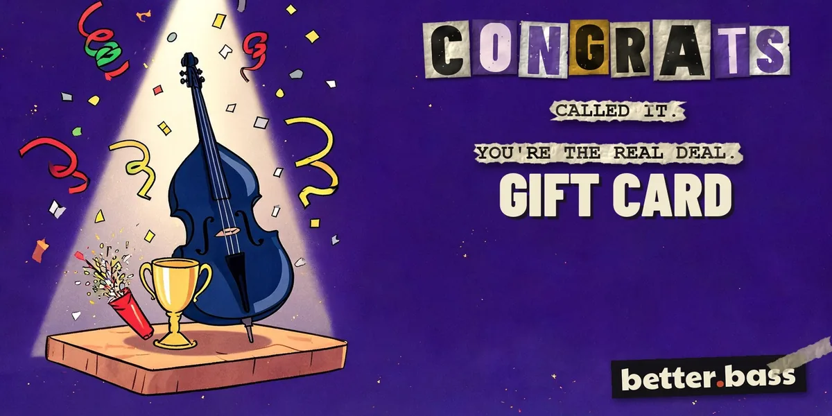 Better Bass Lessons Congrats gift card: a cartoon upright bass in a spotlight next to a trophy, with Congrats in cut-out letters