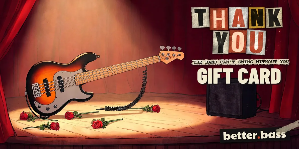 Better Bass Lessons Thank You gift card: a cartoon electric bass on a stage with roses and an amp, with Thank You in cut-out letters
