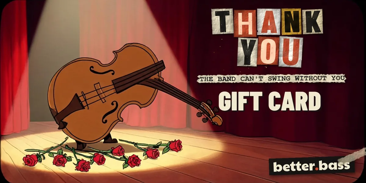 Better Bass Lessons Thank You gift card: a cartoon upright bass on a stage with roses at its feet, with Thank You in cut-out letters