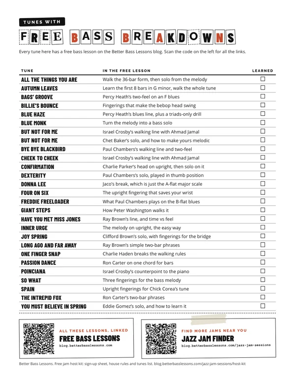 Preview of the tunes with free bass breakdowns printable