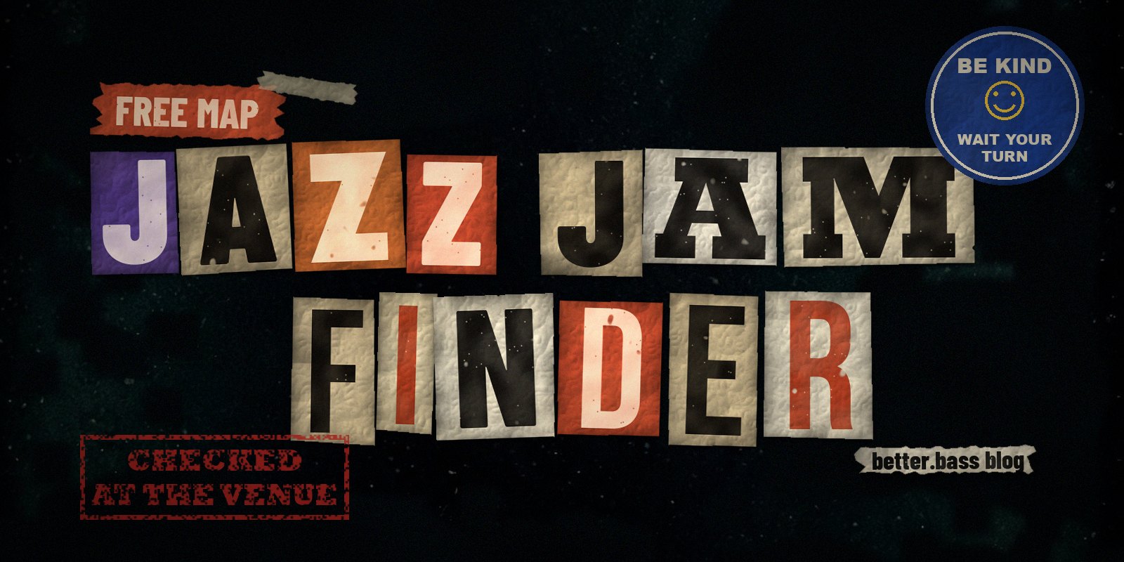 Jazz Jam Finder, a free map, in cut-out letters